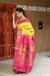 Rajsi~ Pure Silk Handloom - Maharani Paithani in Bright Yellow with Bright Pink Border