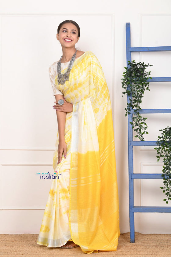 EXCLUSIVE! Handmade Tie and Dye Cotton Lime Yellow- White Saree By Women Weavers