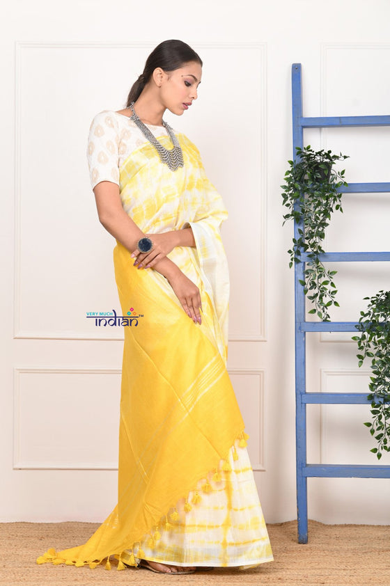 EXCLUSIVE! Handmade Tie and Dye Cotton Lime Yellow- White Saree By Women Weavers