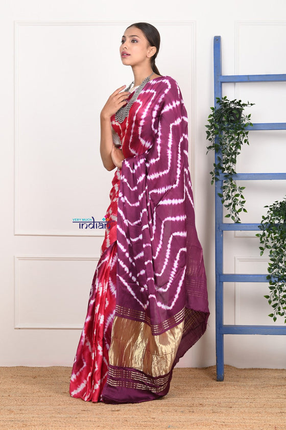Authentic! Handmade Tie and Dye Modal Silk Pink- Purple Saree By Women Weavers