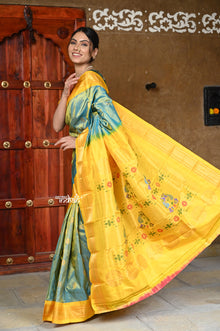  Pure Silk Handloom - Maharani Paithani in Elegant Teal Blue with Rich Sunshine Yellow Silk Border