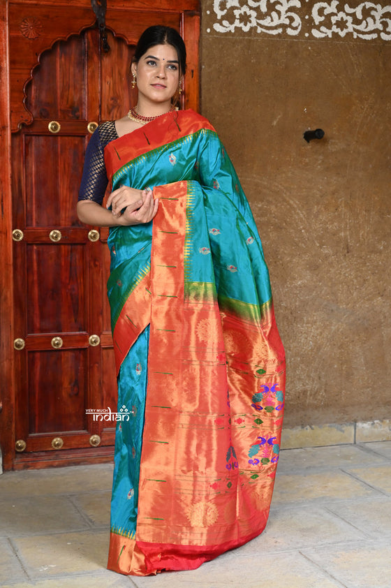 Rajsi~ Pure Silk Handloom - Muniya Border in Turquoise Blue with Orange Border