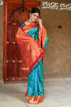Rajsi~ Pure Silk Handloom - Muniya Border in Turquoise Blue with Orange Border