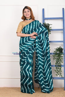  Authentic! Handmade Tie and Dye Modal Silk Ocean Green Lehriya Saree By Women Weavers