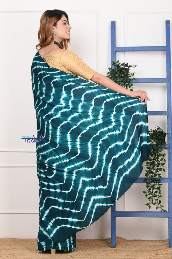 Authentic! Handmade Tie and Dye Modal Silk Ocean Green Lehriya Saree By Women Weavers
