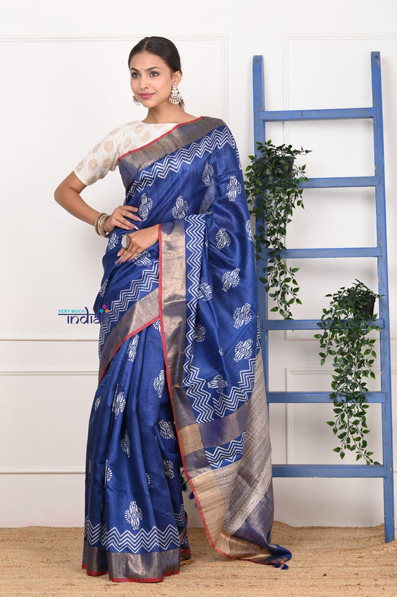EXCLUSIVE! Handloom Desi Tussar Silk Royal Blue Saree With HandBlock Print