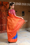 Kala ~ Gadwal Pure Silk Traditional Handloom Saree - Vibrant Blue with a Coral Orange Border, Authentic Pure Silk