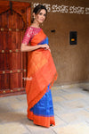 Kala ~ Gadwal Pure Silk Traditional Handloom Saree - Vibrant Blue with a Coral Orange Border, Authentic Pure Silk