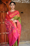 Rajsi~ Pure Silk Handloom - Maharani Paithani in Dual Tone Mehendi Green Pink with Pink Border and Peacock Buttis all over the Saree