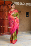 Rajsi~ Pure Silk Handloom - Maharani Paithani in Dual Tone Mehendi Green Pink with Pink Border and Peacock Buttis all over the Saree