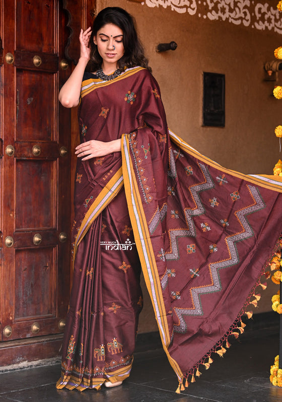 Sutra ~ Authentic Traditional Pure Cotton Resham Maroon Khun Saree With A Rustic Orange Border And Kashida Embroidery
