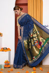 Buy Traditional Handloom Dark Blue Cotton Paithani With Radha Krishna Pallu
