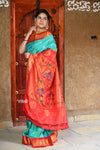 Rajsi~ Pure Silk Handloom - Maharani Paithani in Dual Tone Sea Blue Green with Red Border