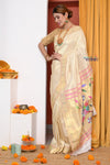 HERITAGE WEAVE ! Premium Handloom White- Golden Muniya Border Paithani With Golden Zari Work & Grand Parrot Pallu