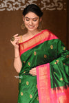 Shop Pure Silk Handloom - Maharani Paithani in Rich Forest Green with Rich Hot Pink Silk Border