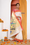 Shop Topselling EXCLUSIVE! Traditional Handloom White Cotton Muniya Border Paithani With Parrots Pallu