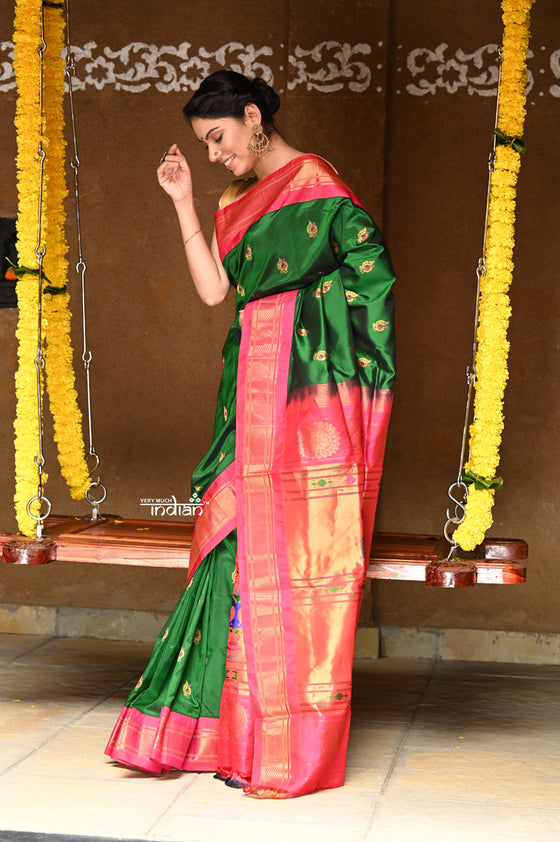 Rajsi~ Pure Silk Handloom - Maharani Paithani in Rich Forest Green with Rich Hot Pink Silk Border