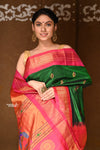Shop Pure Silk Handloom - Maharani Paithani in Rich Forest Green with Rich Hot Pink Silk Border