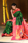 Pure Silk Handloom - Maharani Paithani in Rich Forest Green with Rich Hot Pink Silk Border