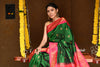 Buy Pure Silk Handloom - Maharani Paithani in Rich Forest Green with Rich Hot Pink Silk Border