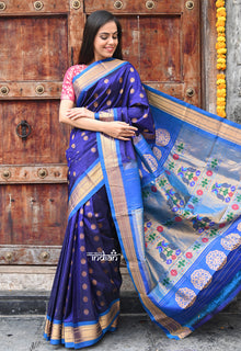  Rajsi~ Pure Silk Handloom - Maharani Paithani in a beautiful combination of Dark Blue with Turquoise (Available in Peacock Buttis with Meenawork)