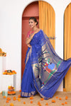 EXCLUSIVE! Traditional Handloom Ink Blue Cotton Paithani With Radha Krishna Pallu