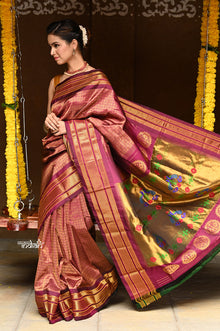  Rajsi~ Pure Silk Handloom - Maharani Brocade Paithani in Rich Wine Color with Golden Zari