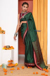 Traditional Khun Cotton Silk Authentic Handwoven Saree, Dark Green With Maroon Border