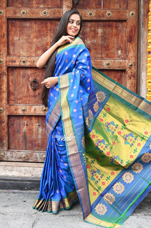 Rajsi~ Pure Silk Handloom - Maharani Paithani in a Dual Tone Vibrant Blue with Green(Available in all over small buttis)