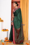 Traditional Khun Cotton Silk Authentic Handwoven Saree, Dark Green With Maroon Border