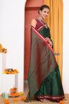 Traditional Khun Cotton Silk Authentic Handwoven Saree, Dark Green With Maroon Border
