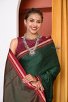 Traditional Khun Cotton Silk Authentic Handwoven Saree, Dark Green With Maroon Border
