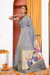 EXCLUSIVE! Traditional Handloom Grey Cotton Paithani With Radha Krishna Pallu