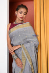 Buy EXCLUSIVE! Traditional Handloom Grey Cotton Paithani With Radha Krishna Pallu