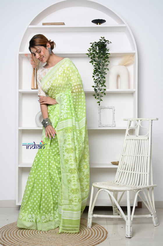 PREMIUM! Pastel Mint Green Jamdhani Cotton Saree With Beautiful Pallu*