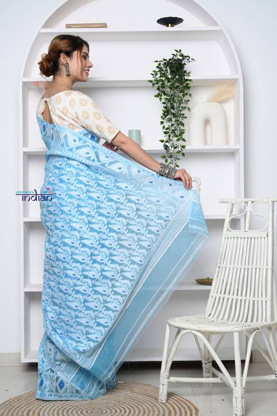 PREMIUM! Sky Blue Jamdhani Cotton Saree With Beautiful Pallu*