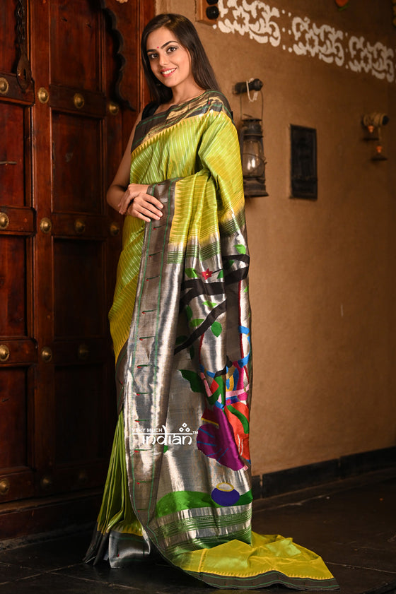 Bestseller Abhimaan ~ Premium Handloom Pure Silk Muniya Border Paithanis - Parrot Green (High Quality)- Radha Krishna Pallu