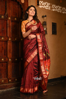  Mayur ~ Authentic Traditional Handloom Pure Silk Paithani in a combination of Solid Dark Maroon with 30 Peacocks Pallu