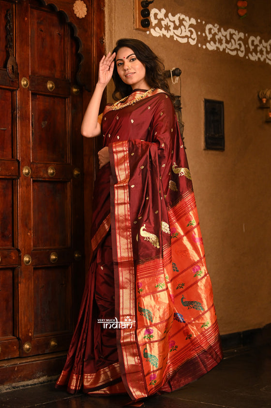 Mayur ~ Authentic Traditional Handloom Pure Silk Paithani in a combination of Solid Dark Maroon with 30 Peacocks Pallu