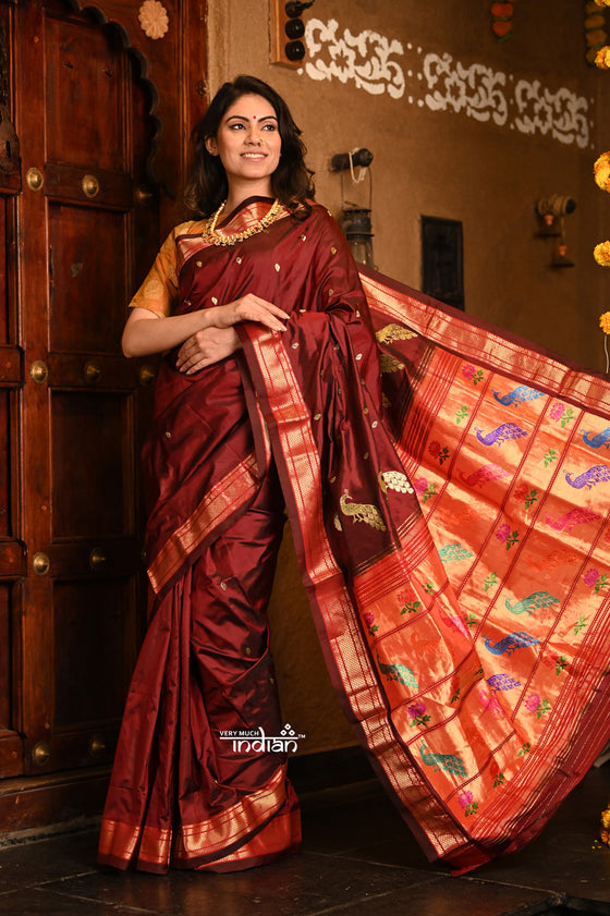 Mayur ~ Authentic Traditional Handloom Pure Silk Paithani in a combination of Solid Dark Maroon with 30 Peacocks Pallu