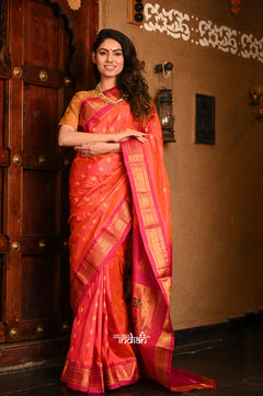 Rajsi~ Pure Silk Handloom - Maharani Paithani Dual Tone Peach Orange with Pink Border