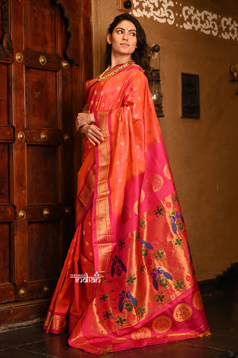 Rajsi~ Pure Silk Handloom - Maharani Paithani Dual Tone Peach Orange with Pink Border