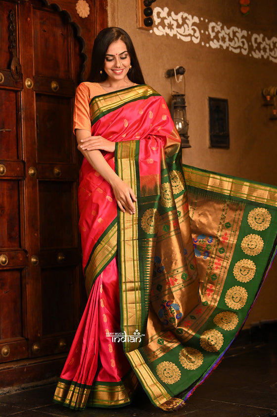 Rajsi~ Pure Silk Handloom - Maharani Paithani Bright Pink color with a broad Forest Green Border and Golden Motifs