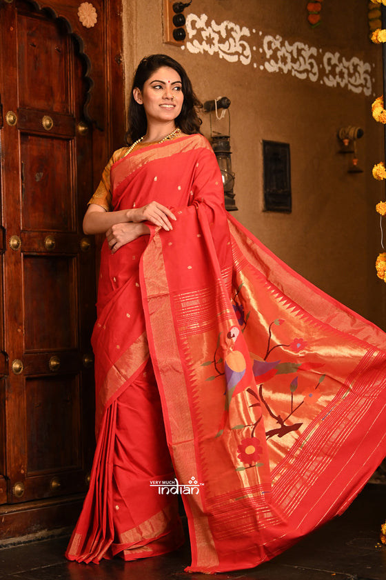 Authentic Handloom Cotton Paithani - Red and Golden with 3 Parrots Pallu
