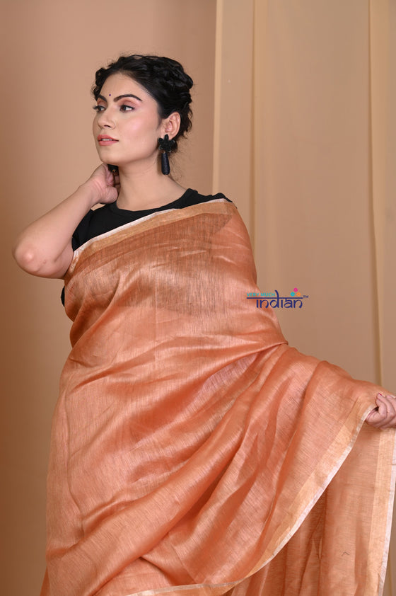 Pehal~ Plain Caramel Orange Linen Silk with Plain Sleek Pallu