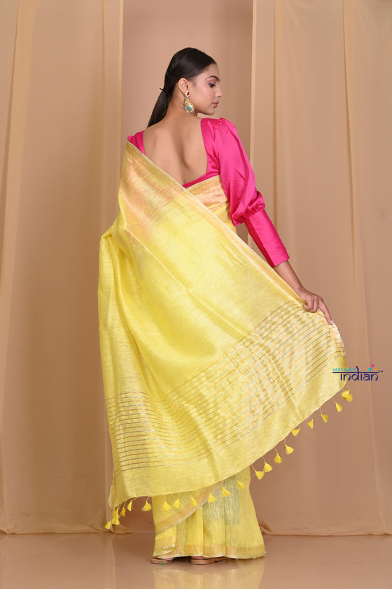 Pehal~Fresh Yellow Pure Linen Silk With Sleek Border