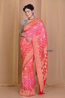  Pehal~ Authentic Handloom Orange- Pink Pure Khaddi Georgette Saree with Hand Bandhani.