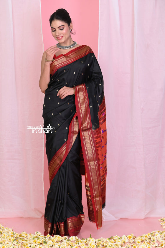Traditional Black Pure Silk Paithani with Red Border & Traditional Double Pallu