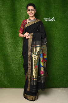  Exclusive Cotton Handloom Paithani - Black Colour with Designer 3 Parrots Pallu