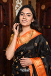 Vintage Pure Silk Handloom - Maharani Paithani Black with Red Border